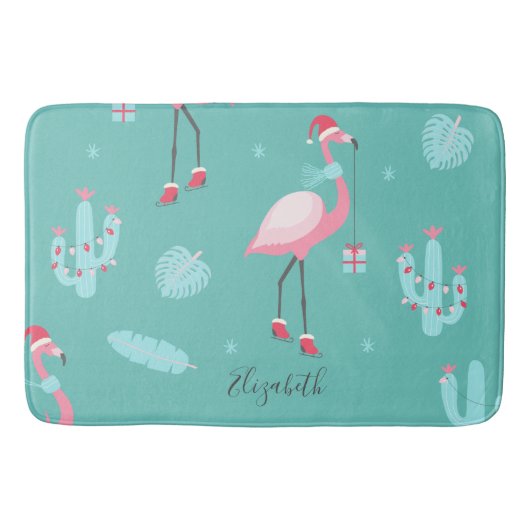 Flamingos Santa Hat Cadeaus Snowflakes Badmat (Voorkant)