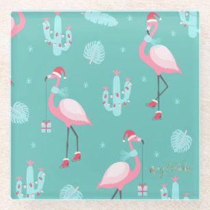 Flamingos Santa Hat Cadeaus Snowflakes Glazen Onderzetter