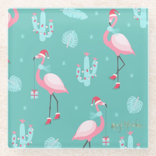 Flamingos Santa Hat Cadeaus Snowflakes Glazen Onderzetter (Voorkant)