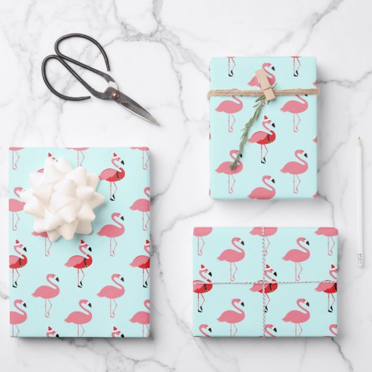 Flamingos Santa Pink Flamingo Blue Kerstmis Inpakpapier Vel (Voorkant)