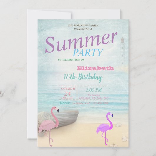 Flamingos Summer Boat Lighthouse Birthday Party Kaart (Voorkant)