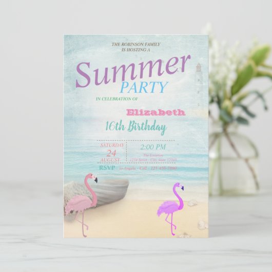 Flamingos Summer Boat Lighthouse Birthday Party Kaart (Staand voorkant)