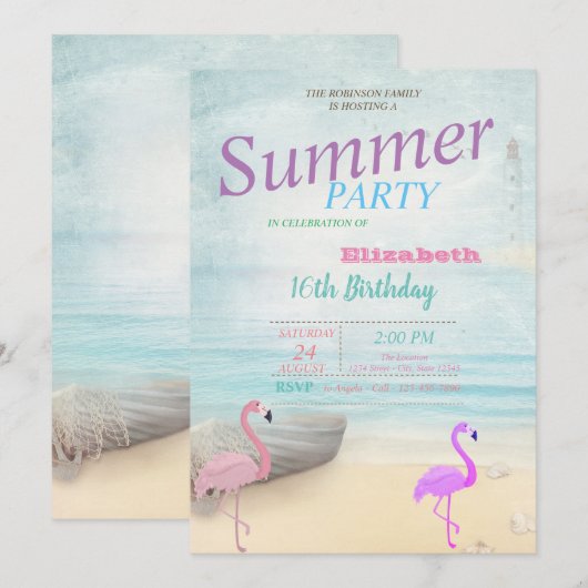 Flamingos Summer Boat Lighthouse Birthday Party Kaart (Voorkant / Achterkant)