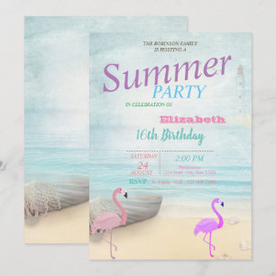 Flamingos Summer Boat Lighthouse Birthday Party Kaart
