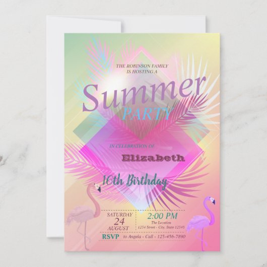 Flamingos Summer Pool ombre Birthday Party Kaart (Voorkant)