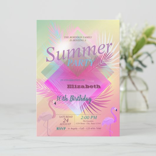 Flamingos Summer Pool ombre Birthday Party Kaart (Staand voorkant)