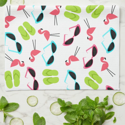 Flamingos-Teenslippers en zonnebrillen keukenhandd Theedoek (Gevouwen)