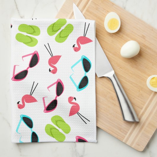 Flamingos-Teenslippers en zonnebrillen keukenhandd Theedoek (Quarter Fold)