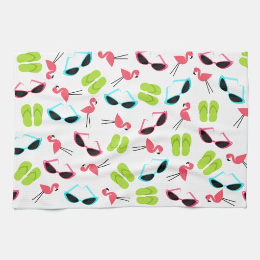 Flamingos-Teenslippers en zonnebrillen keukenhandd Theedoek (Horizontaal)