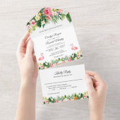 Flamingos Tropical Palm Leaves Floral Wedding All In One Uitnodiging (Afscheurbaar)
