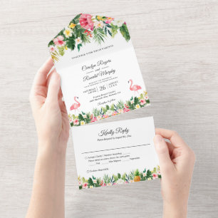 Flamingos Tropical Palm Leaves Floral Wedding All In One Uitnodiging