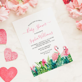 Flamingo's Tropical Pink Flowers Baby shower Kaart