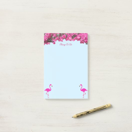 Flamingos & Tropische bloemen op lichtblauw Post-it® Notes (Op bureau)