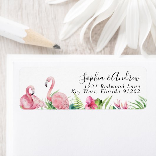 Flamingos Tropische Bloemen Retouradreslabel Etiket (Insitu)