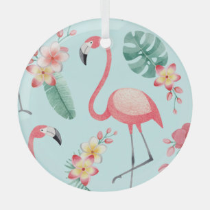 Flamingo's Tropische Bloemen Waterverf Patroon Glas Ornament