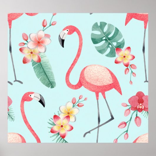 Flamingo's Tropische Bloemen Waterverf Patroon Poster (Voorkant)