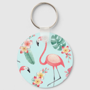 Flamingo's Tropische Bloemen Waterverf Patroon Sleutelhanger