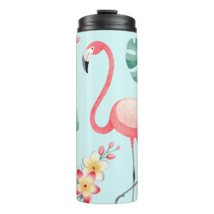 Flamingo's Tropische Bloemen Waterverf Patroon Thermosbeker