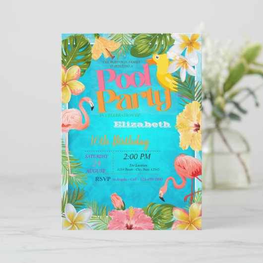 Flamingo's Tropische Bloemen Zwembad Verjaardagsfe Kaart (Staand voorkant)