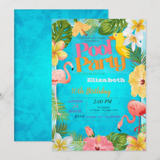 Flamingo's Tropische Bloemen Zwembad Verjaardagsfe Kaart (Voorkant / Achterkant)