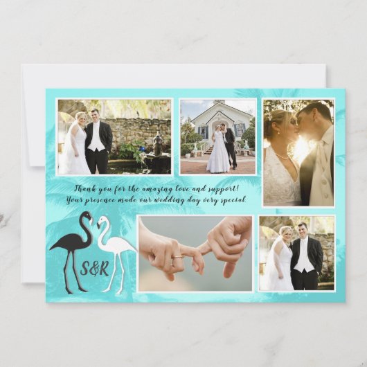 Flamingos Tropische bruiloft foto collage dank u Bedankkaart (Voorkant)