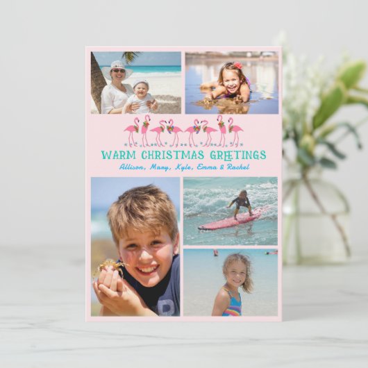 Flamingos Tropische kerstfoto Collage Pink Feestdagenkaart (Staand voorkant)