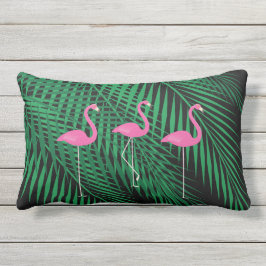 Flamingos & Tropische palmbladeren op zwarte buite Buitenkussen