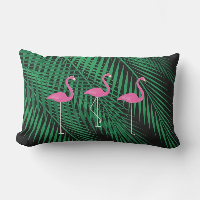 Flamingos & Tropische palmbladeren op zwarte buite Buitenkussen (Voorkant)