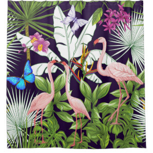 Flamingo's, tropische planten: . douchegordijn