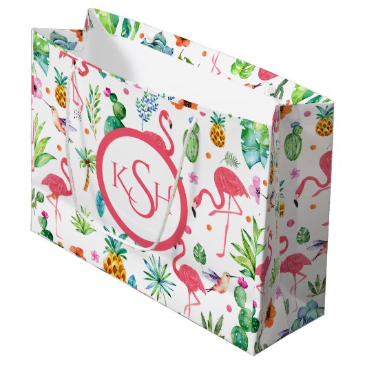 Flamingos & Tropische Planten & Flowers Patroon Groot Cadeauzakje (Voorkant Gekanteld)