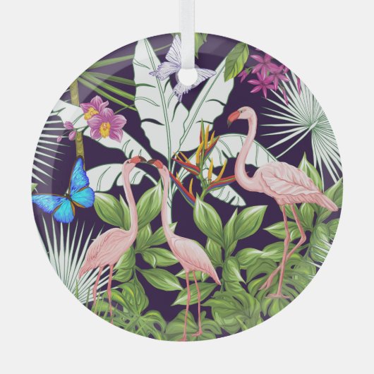 Flamingo's, tropische planten: . glas ornament (Voorkant)