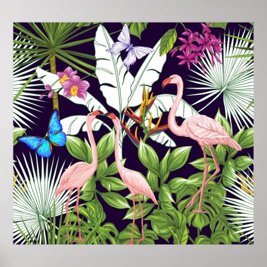 Flamingo's, tropische planten: . poster (Voorkant)