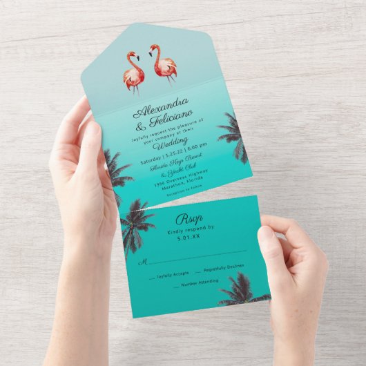 Flamingo's Turquoise tropisch strand All In One Uitnodiging (Afscheurbaar)