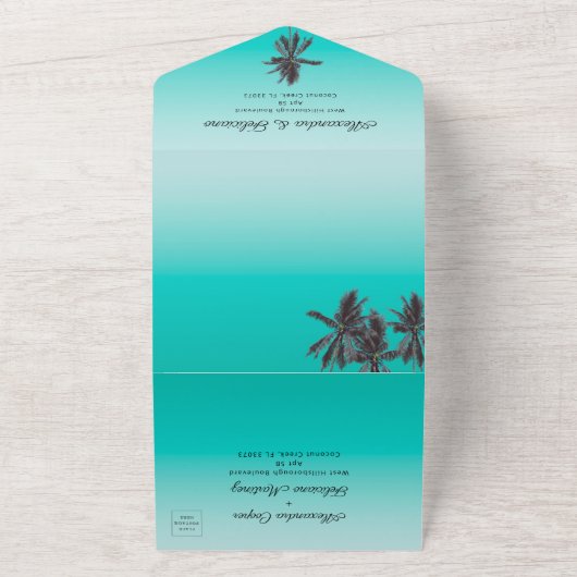 Flamingo's Turquoise tropisch strand All In One Uitnodiging (Buitenkant)