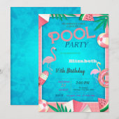 Flamingos Watermeloen IJs Zwembad Verjaardagsfeest Kaart (Voorkant / Achterkant)