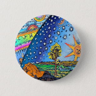 Flammarion Woodcut Flat Earth Design Square COLOR Ronde Button 5,7 Cm