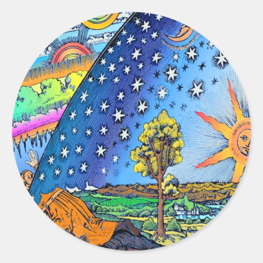 Flammarion Woodcut Flat Earth Design Square COLOR Ronde Sticker (Voorkant)
