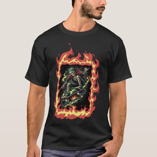 Flammen Skelett Skateboard T-shirt (Voorkant)