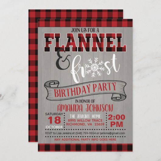 Flanel en Frost verjaardagsfeest uitnodiging - GR (Voorkant / Achterkant)