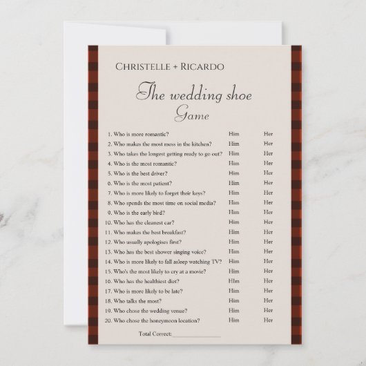 Flanel & friz bruiloft schoen spel vrijgezellenspe aankondiging (Voorkant)