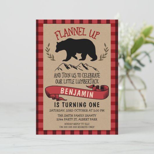 Flanel houthakker 1e of 2e verjaardag uitnodiging (Staand voorkant)