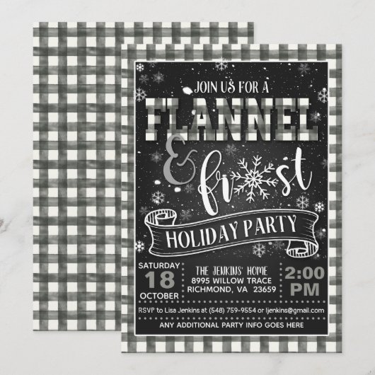 Flannel and Frost Holiday Party Invitation White Kaart (Voorkant / Achterkant)