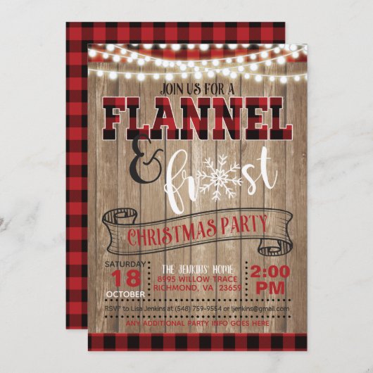 Flannel and Frost-kerstparty Invitation Light Kaart (Voorkant / Achterkant)