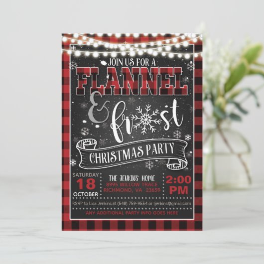 Flannel and Frost Kerstparty Invitation Red/L Kaart (Staand voorkant)