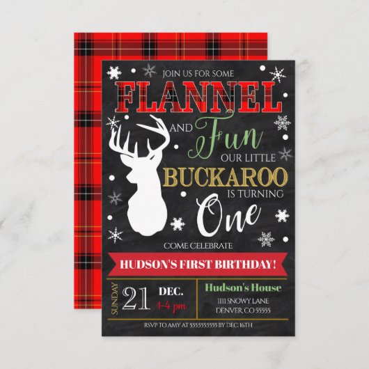 Flannel and Fun Boy First BIrthday Party Invite Kaart (Voorkant / Achterkant)