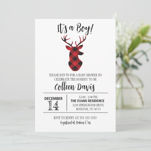Flannel Deer Baby shower Invitation Kaart (Staand voorkant)