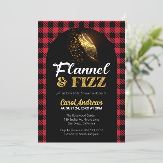 Flannel & Fizz Rood en Zwart Plaid Vrijgezellenfee Kaart (Staand voorkant)