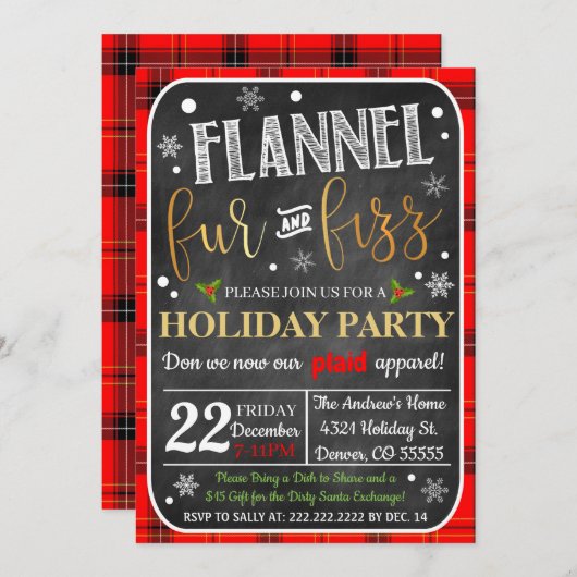 Flannel Fur & Fizz-kerstuitnodiging Kaart (Voorkant / Achterkant)