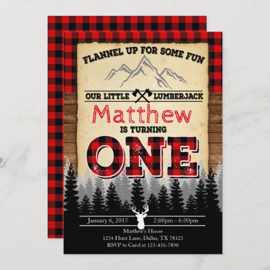 Flannel Lumberjack Birthday Party Invitation Kaart (Voorkant / Achterkant)