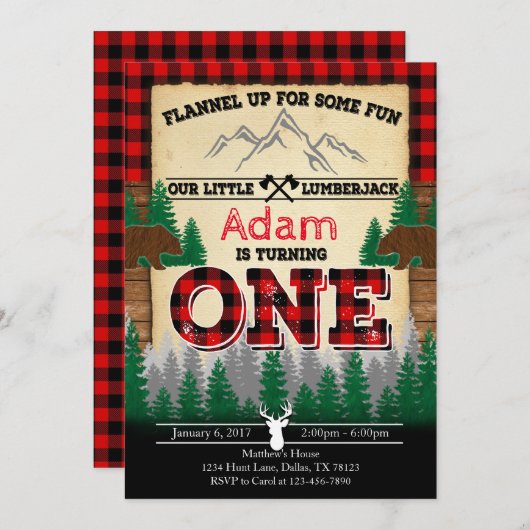 Flannel Lumberjack Birthday Party Invitation Kaart (Voorkant / Achterkant)